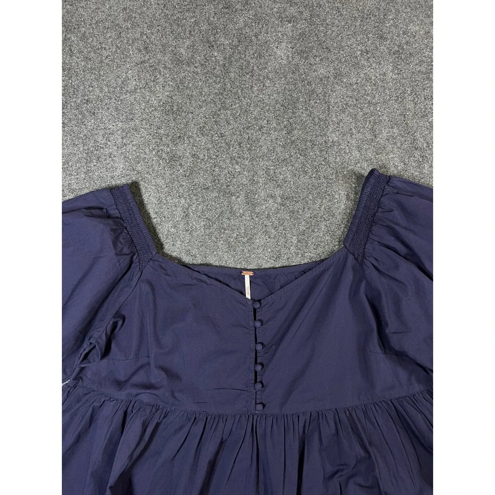 Free People Navy Blue Cotton Puff Sleeve Babydoll Blouse Top Large